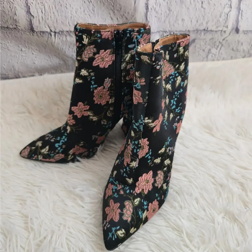 Charlotte Russe Black And Pink Floral Embroidered Dark Romantic Ankle Boots